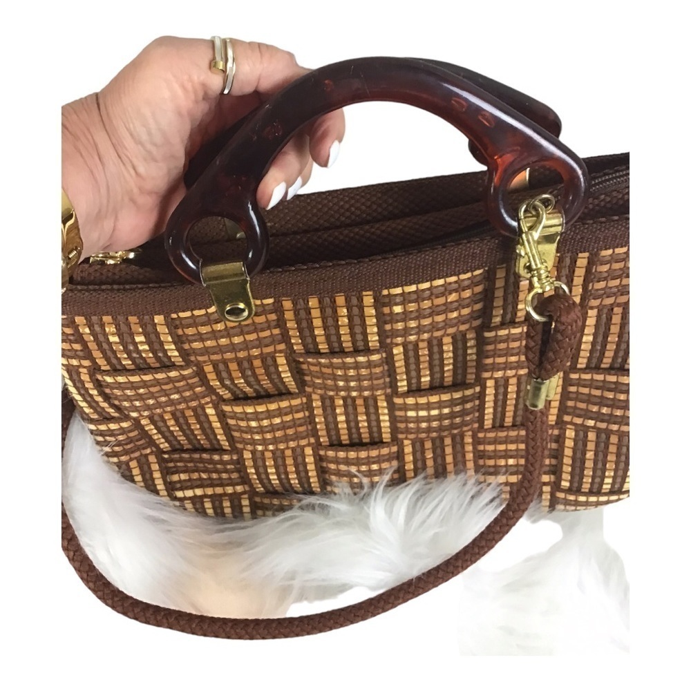 Vintage Brown Woven Crossbody Bag with Tortoiseshell Handle - Picture 5 of 12